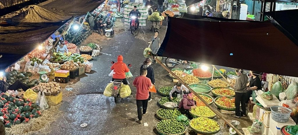 Vendors selling fruits and vegetables at Long Bien Market