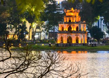 Scenic view of Hoan Kiem Lake with Turtle Tower in the center