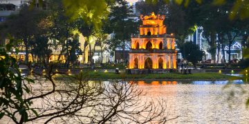 Scenic view of Hoan Kiem Lake with Turtle Tower in the center